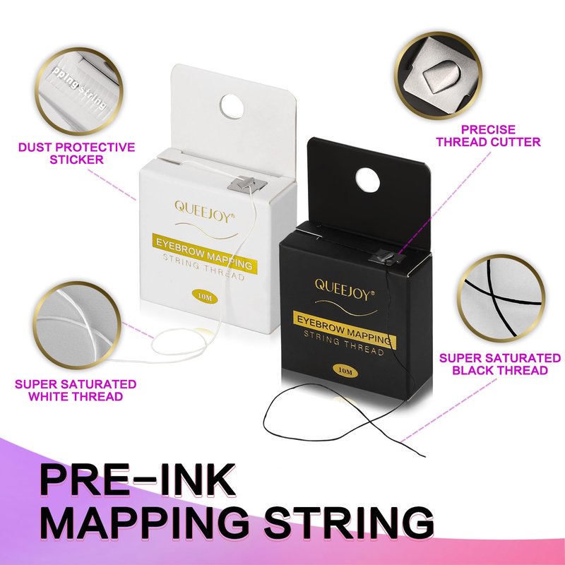 QUEEJOY Eyebrow Mapping Kit with 10M X2 Colors Brow Mapping String,50pcs Ruler Stencils, 20g White and Pink Brow Paste, 2 Brow Brushes Set, Eyebrow Mapping Pencil,Sharpener, Razor and Instructions