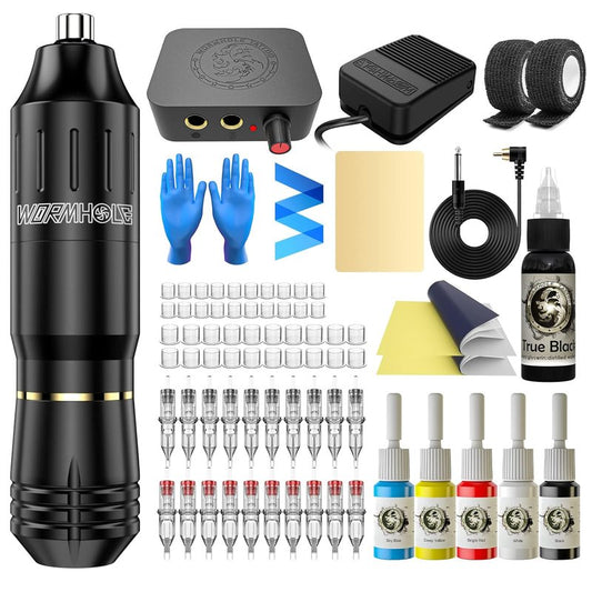 Tattoo Machine Kit - Wormhole Rotary Tattoo Practice Set for Beginners | Includes Inks & Cartridge Needles