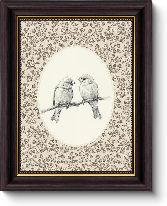 Myzoran Vintage Birds Canvas Wall Art - Dark Brown Framed Love Birds Print | Rustic Cottagecore Decor 9x11in