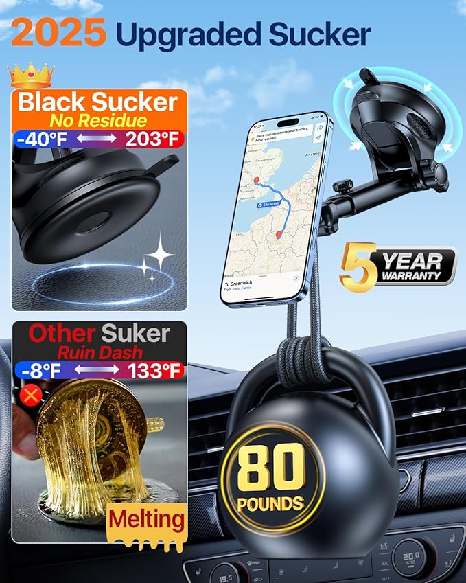 HTU 【Military-Grade】 for MagSafe Car Mount【Upgraded Strongest Suction】 Magnetic Phone Holder Cell Stand for Dashboard Windshield Vent,Truck Cradle for iPhone 17 Pro Max 16 15 14 13 12 Tesla, Black