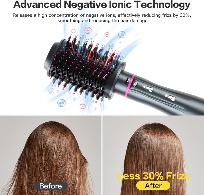 Hair Dryer Brush - 4 in 1 Detachable Negative Ion Blow Dryer for Straightening, Drying & Curling | Gray with Carrying Case
