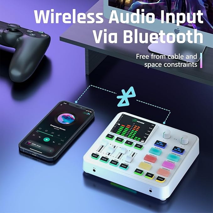 PUPGSIS Gaming Audio Mixer, Audio Interface for PC/Podcast/Streaming, Sound Board with 3.5mm/XLR Mic Input, 48V Phantom Power, Voice Changer, Live Sound Card with DJ Mixer Effects/Bluetooth(White)