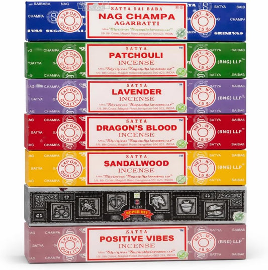 Satya Incense Gift Set - Nag Champa, Dragon's Blood, Sandalwood & More | 15g Variety for Positive Vibes