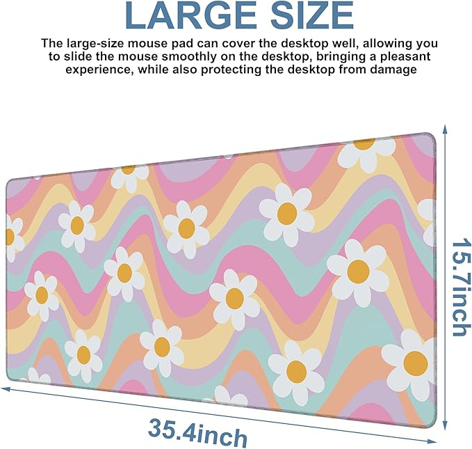 NITAHHHY Large Mouse Pad Floral and Wavy Gaming Desk Pad Computer Keyboard Non-Slip Waterproof Mouse Mat with Rubber Base and Stitched Edges Entertainment Office Writing Desk Mat 35.4 x 15.7 Inches