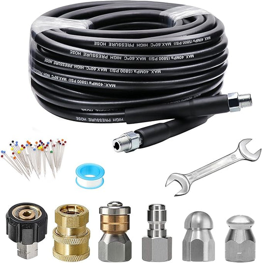 WEST BAY Sewer Jetter Kit 25 FT for Pressure Washer, 5800 PSI Drain Cleaner Hose 1/4 Inch NPT Corner Rotating and Button Nose Sewer Jetting Nozzle Spanner WatertightTape Pearl Corsage Pin
