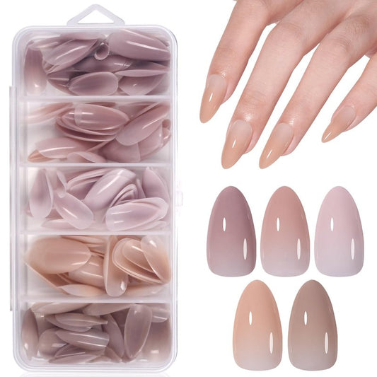 AILLSA Press on Nails Almond 140 PCS Fake Nails 4 in 1 Medium Glossy Nude Nails Press Ons, Long Lasting Pre-Shaped Gel Nails Natural False Nail for Nail Art DIY Women