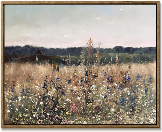 Vintage Framed Wall Art - Rustic Wildflower Landscape Canvas Prints for Home Decor | Living Room & Bedroom