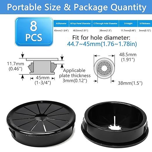 BOPOREAE 8 Pcs Cable Grommet, Snap Bushing 1-3/4" (45 mm) Mounting Diameter, Flexible Petal-Shaped Buckle Round Nylon Desk Grommet for Wires Through Countertop Cord Organizer and Protection, Black