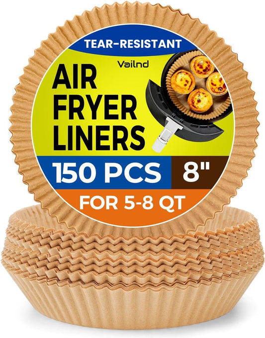 Vailnd Air Fryer Liners - 150 Pcs Heavy-Duty Non-Stick Parchment Paper Sheets | 8" Round for 5-8 Qt Air Fryers
