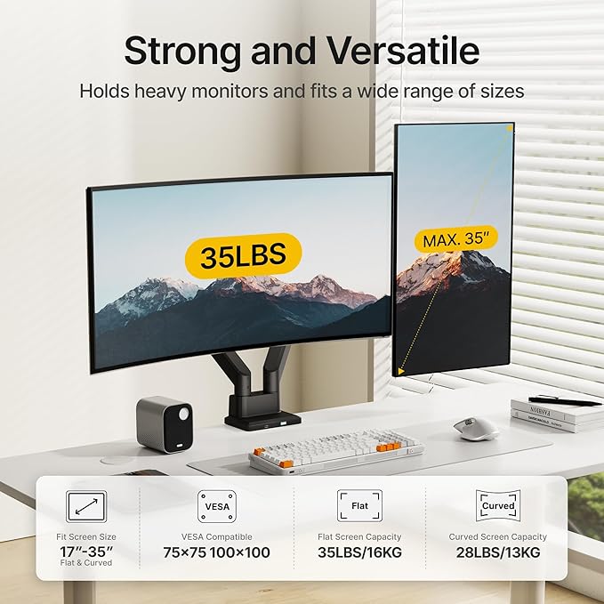 monTEK Dual Monitor Mount with USB Monitor Arms for 2 Monitors for 17 to 35 Inch Curved Screen Holds 35 Lbs Adjustable Heavy Duty Monitor Desk Mount Cable Management, VESA 75/100mm