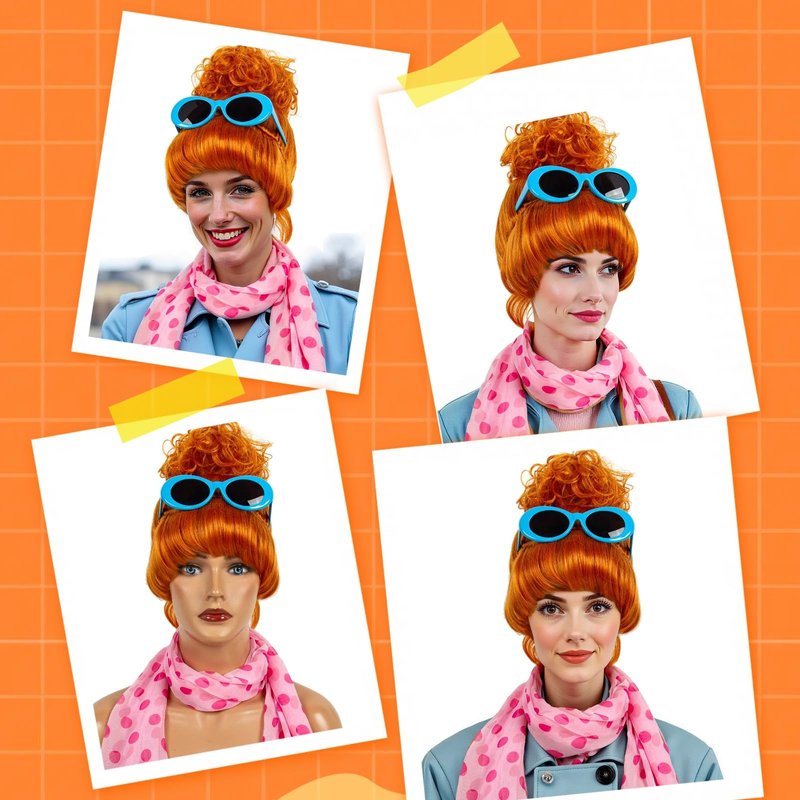 STfantasy Orange Bun Wig with Scarf and Glasses – Stylish & Durable Synthetic Orange Wig for Women, Perfect for Halloween, Cosplay, and Party Accessories