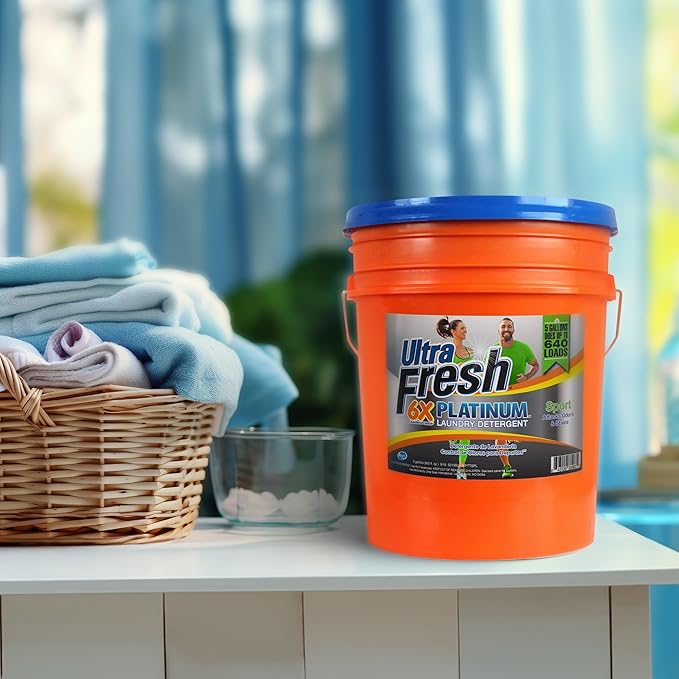 Ultra Fresh Platinum Sport 5 Gallon 6x Laundry Detergent Suitable for All Machine Type and Up to 640 Laundry Loads with Pump (5 Pack)