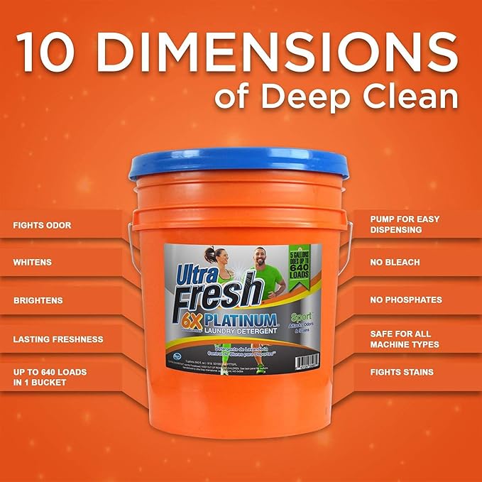 Ultra Fresh Platinum Sport 5 Gallon 6x Laundry Detergent Suitable for All Machine Type and Up to 640 Laundry Loads with Pump (3 Pack)