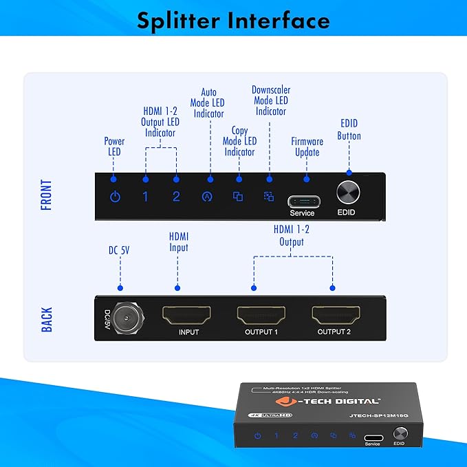 J-Tech Digital HDMI Splitter 1 in 2 Out 4K 60Hz 18Gbps – 1x2 HDMI 2.0 Hub for Multiple Monitors Duplicate/Mirror Screen, Premium Ultra HD [JTD4KSP0102]