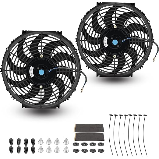 FSBCGT 2PCS 12 Inch Universal Slim Fan Push Pull Electric Radiator Cooling 12V 80W Mount Kit Black