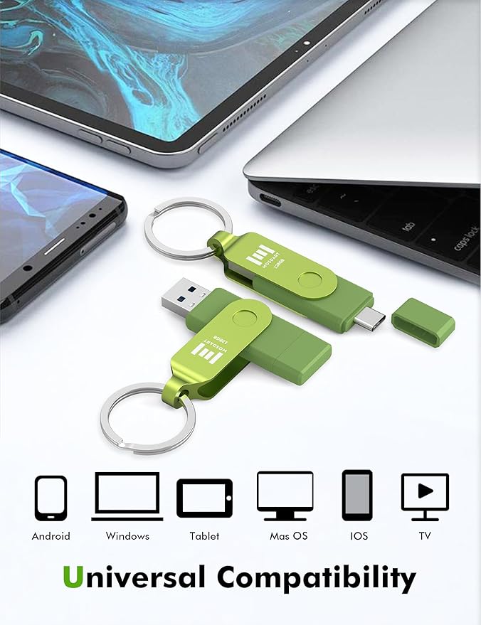 MOSDART 128GB USB C 3.2 Fast Speed C and A Dual Flash Drive, exFAT Memory Stick with Keychain and LED Indicator, for iPhone 15,16, 17, Android Phone, iPad, MacBook, and Other Laptops, Green