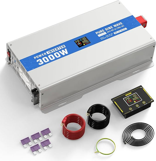ASMONTRIC 3000W Pure Sine Wave Power Inverter 24V DC to 120V AC Converter 6000 Watt Peak Power Multi-Display Screen with 2 GFCI Outlet 30W USB and 18W Type-C for Car RV Truck Boat Off-Grid, Gray Blue