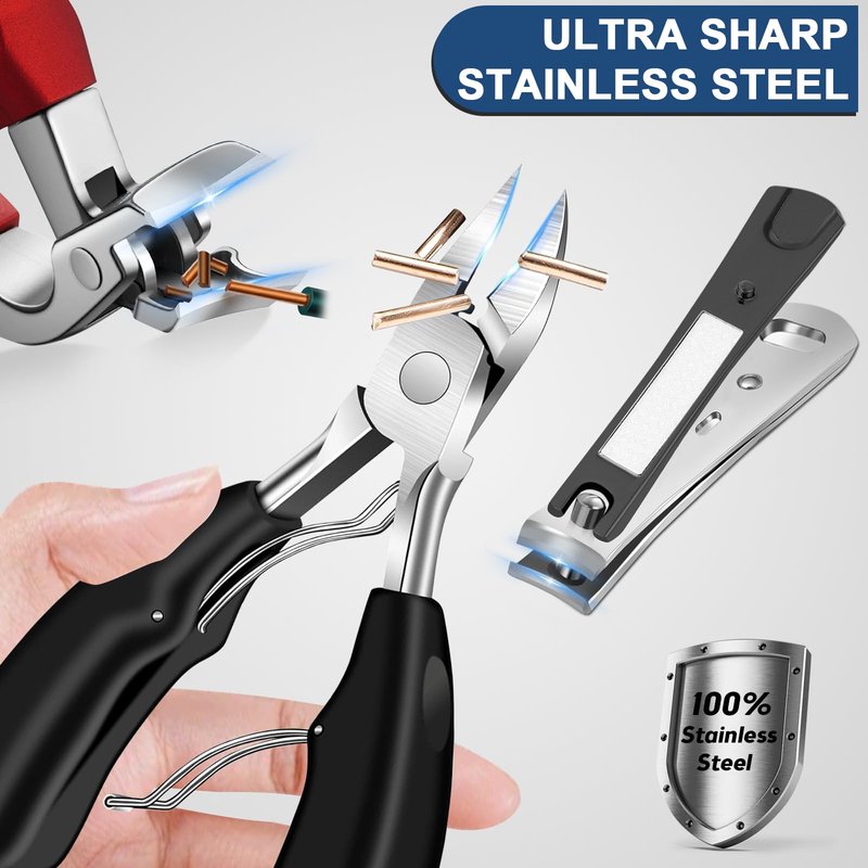 DUAIU 7Pcs Toenail Clippers for Thick Nails, Angled Head Large Nail Clippers for Senior, Heavy Duty Ingrown Toenail Clipper Sets with Wide Jaw, Sharp Nail Clipper Kits for Men and Women, Long Handle