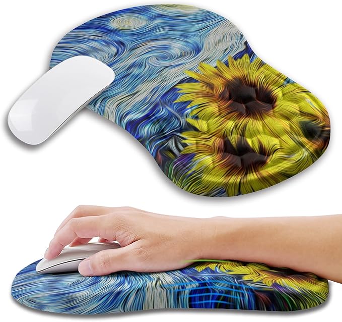 Kuosgm Ergonomic Mouse Pad Wrist Support with Memory Foam Massage Bulge, Carpal Tunnel Pain Relief Mousepad Wrist Rest for Mouse(12x8 inch,Sunflower)