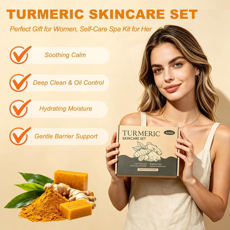 Turmeric Wash and Care 4 Piece Set,Turmeric Skincare Set: Turmeric Facial Cleanser,Cleansing Pad,Soap bar & Essential Oil, Deep Cleansing for Face & Body