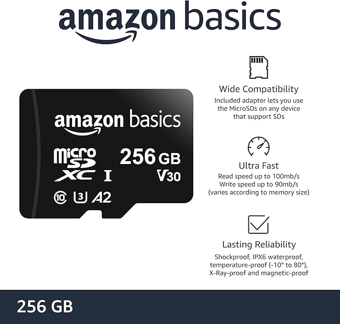 Amazon Basics microSDXC Memory Card with Full Size Adapter, A2, U3, Read Speed up to 100 MB/s, 256GB, Black