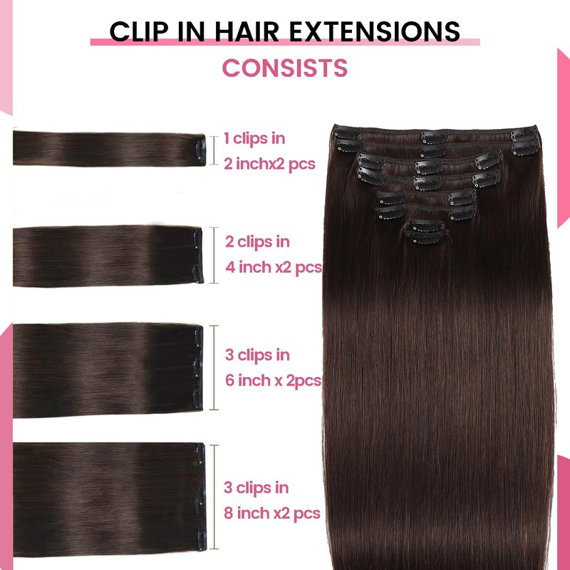 CWRDK Clip in Hair Extensions Real Human Hair,100% Brazilian Remy Human Hair Clip ins for Women, Straight Seamless Double Weft Hair Extensions, Invisible 8pcs, 14 Inch 80g, #2 Dark Brown