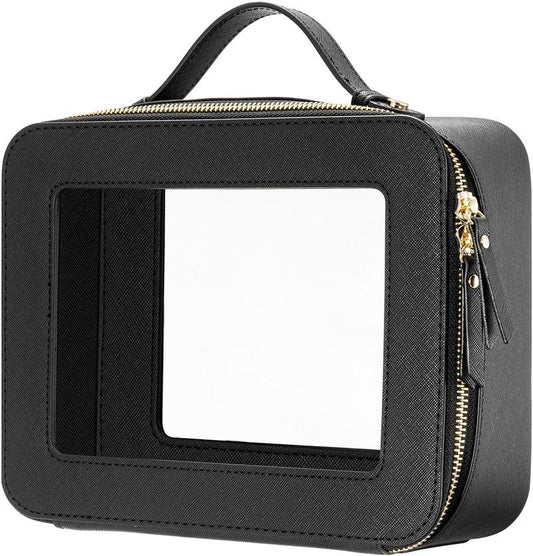 Clear Makeup Bag for Women - Waterproof Cosmetic Organizer Case | Portable Travel Toiletry Bag (Black)