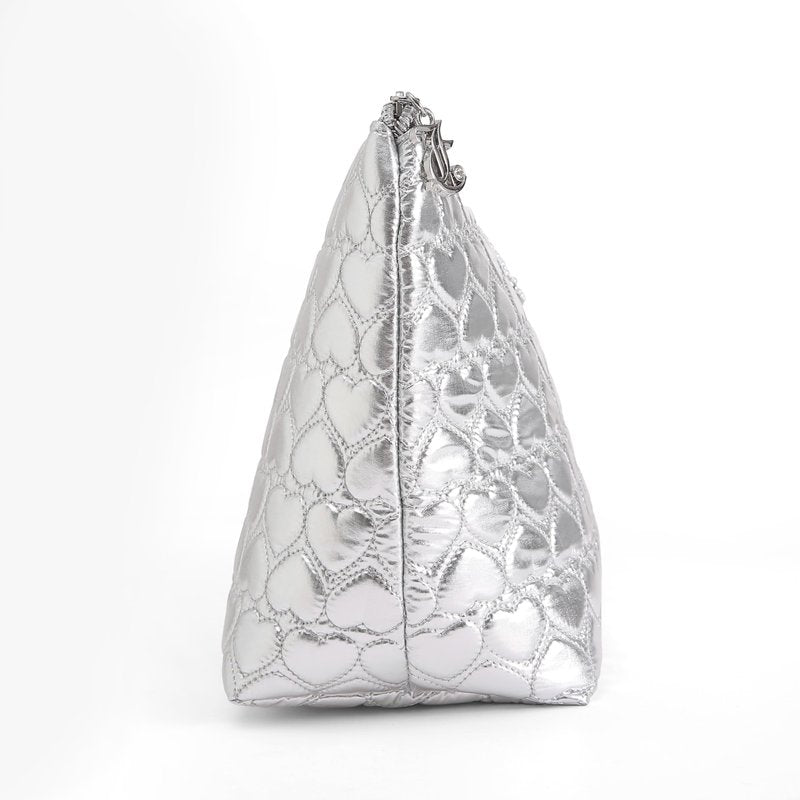Juicy Couture Silver Makeup Bag Cosmetics Organizer Travel Essentials Top Zip Pouch Shiny Quilted Heart