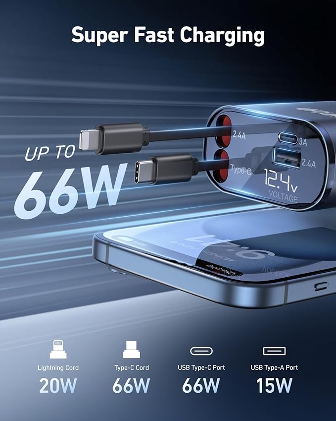 Car Phone Charger Adapter 2Pack Retractable Car Charger 4in1 Fast Charging Dual Retractable Cables 31.5 Inch Multiple Ports Charging Station Compatible with iPhone 17/16/15/14/13/12/11 Pro Max/Samsung