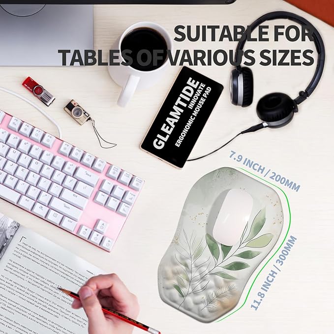 Gleamtide Ergonomic Raised Mouse Pad Wrist Support with Bilateral Slope Memory Foam Mousepad for Wrist Rest and Carpal Tunnel Pain Relief 11.8x7.9〃 Green Leaf