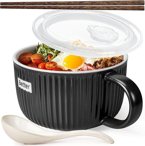Artena 38 oz Soup Bowls - Microwave Safe Ceramic Ramen Bowls with Handles & Lids | 6 Inch Black Set