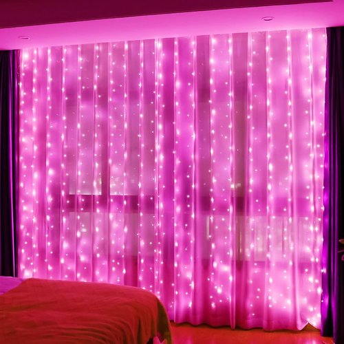 HXWEIYE 300LED Fairy Curtain Lights - 9.8x9.8Ft USB Plug-In with 8 Modes & Remote - Pink, Standard 1 Pack