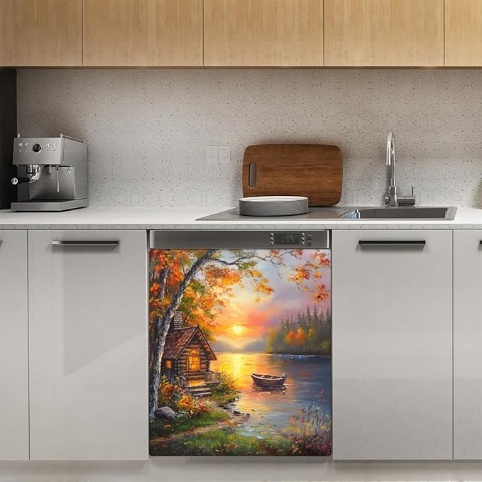Autumn House Lake Boat Dishwasher Magnet Cover for The Front Magnetic Dishwasher Door Covers Dish Washer Sticker Wrap Home Decorative Appliances Panel Decal Kitchen Decor 23" x 26" (Magnetic)