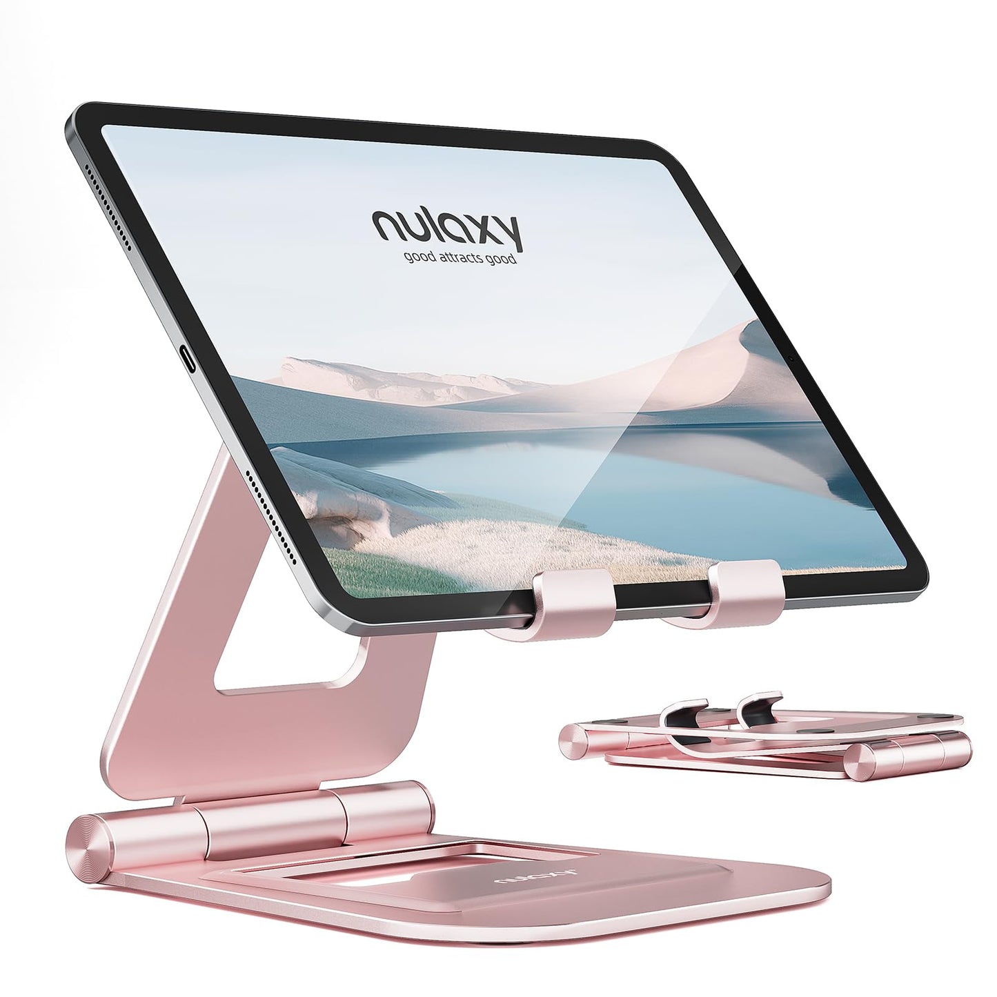 Nulaxy Aluminum Dual Foldable iPad Stand, Fully Adjustable Desktop Tablet Holder, Tablet Accessories for Office Kindle Compatible with Mobile Devices iPad Pro/Air/Mini, iPhone Pro/Max/Plus, Rose Gold