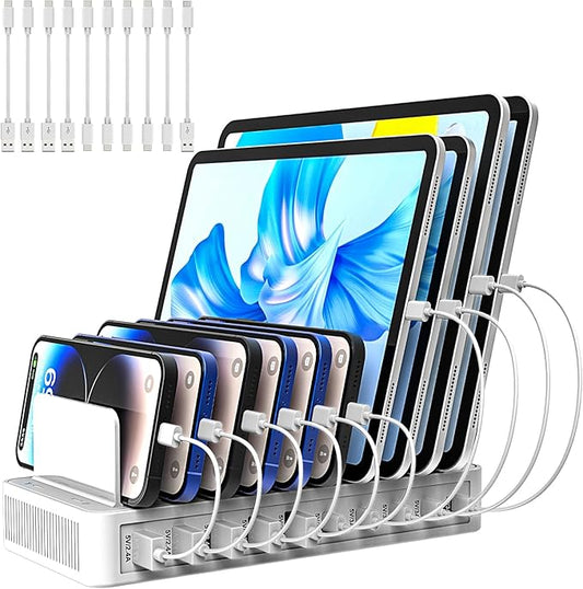 RISWOJOR Charging Station for Multiple Devices, 100W 10 Ports Charging Dock with 10 Cables Smart IC Tech and Adjustable Dividers Type-C，Multi USB Charger for iPhone Galaxy iPad Tablet，White