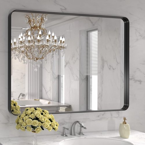LOAAO Black Metal Framed Bathroom Mirror - 40x32 Inch Rounded Rectangle Design, Anti-Rust Tempered Glass