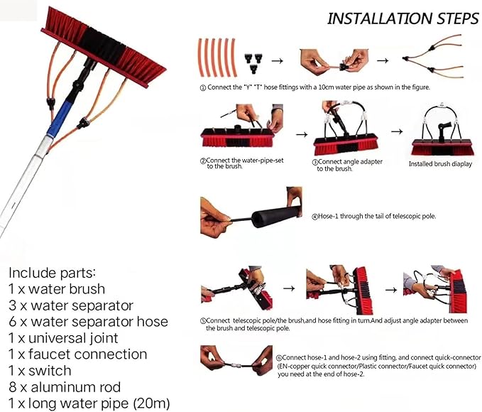 Telescopic Water Fed Pole Window Cleaner Kit - 30cm Brush Head & 20M Hose, Extendable Roof & Conservatory Cleaner, Efficient Outdoor Cleaning Tools