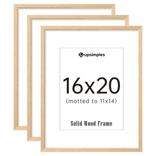 upsimples 16x20 Frames Set of 3, Natural Solid Wooden Picture Frames, Display 11x14 with Mat or 16 x 20 Without for Vertical or Horizontal Wall Hanging