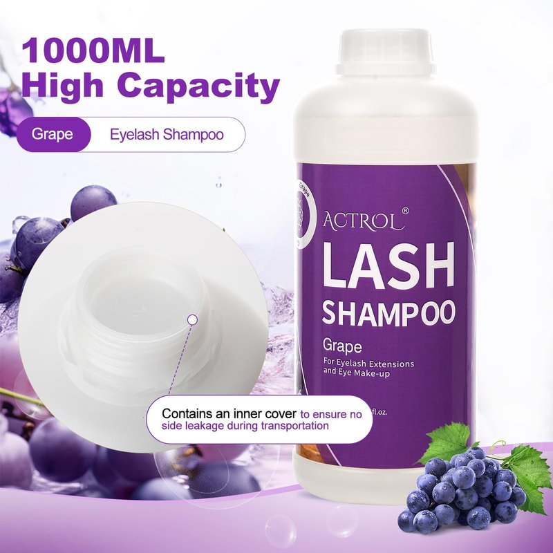 ACTROL Eyelash Extension Cleanser Grape 1L Natural Lash Extension Shampoo Professional Eyelid Foaming Cleanser Paraben & Sulfate Free Non-lrritating with Salon and Home Care