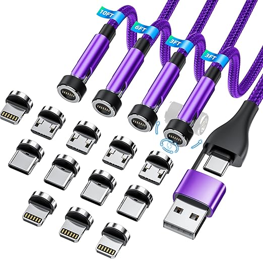 Ankndo 5-in-1 Magnetic Charging Cable, 540° Rotation Magnetic Phone Charger [4-Pack, 3ft/3ft/6ft/10ft] USB A/Type C Fast Charging Charger Cable for iproduct/Micro USB/USB C Devices-Purple