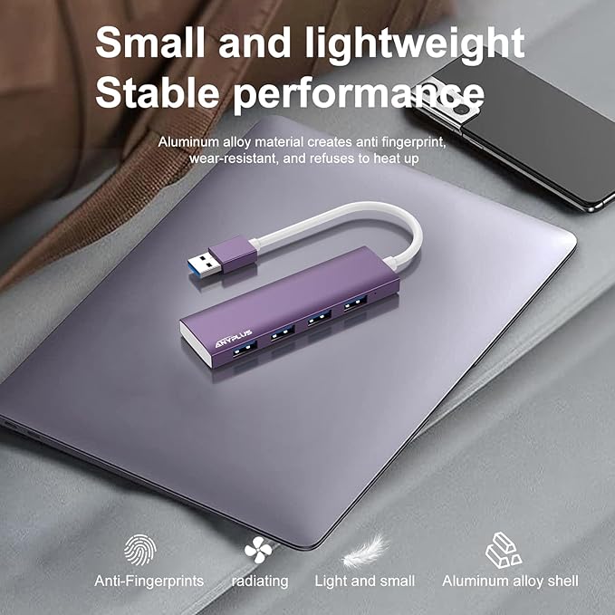 ANYPLUS USB Hub, USB 3.0 Hub Aluminum Alloy Ultra Slim USB Splitter, Portable 4 Port USB Extender, USB Hub for Laptop, PC, MacBook, iMac, Surface Pro, Mac Pro, Flash Drive, XPS 【Purple】