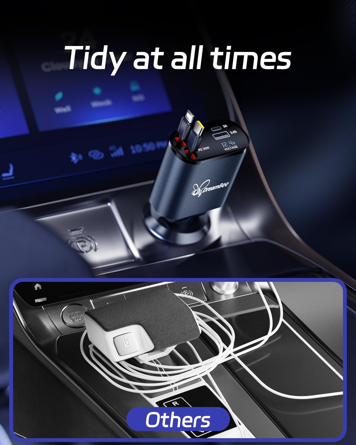 DreamBee Retractable Car Charger,66W 4 in 1 Super Fast Charge Car Phone Charger,Gifts for Men Women Car Truck Accessories for iPhone 17/16/15/14/13/12 Pro Max XR,iPad,Samsung,Pixel-Blue