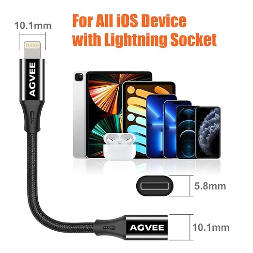 AGVEE 1ft Lightning Extension Cable, Braided Female to Male Extender Full Function Cord Compatible with iPhone iPad, Data Sync Video Audio & Charging Connector Adapter, Black