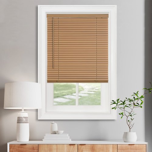 Cordless Light Filtering Mini Blind - 28 Inch Width, 64 Inch Length, 1" Slat Size - Woodtone - Cordless GII Morningstar Horizontal Windows Blinds for Interior by Achim Home Decor