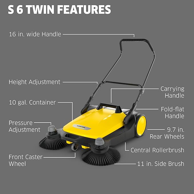 KÃ¤rcher Walk-Behind Outdoor Push Sweeper S 6 Twin for Workshops, Warehouses or Garages - 6X Faster Than a Push Broom, 10 Gallon Capacity, 33.9" Sweeping Width