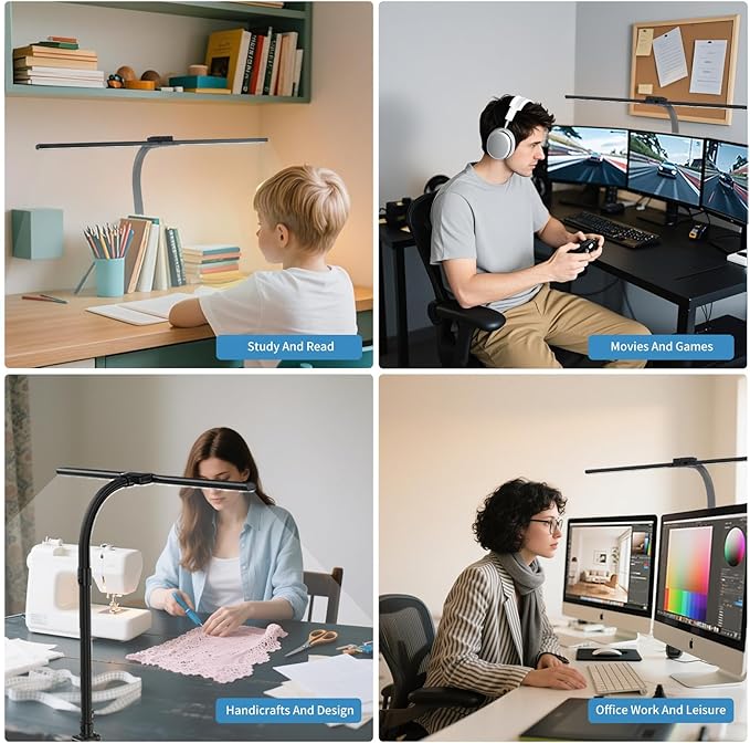 CRLIVOING Full Spectrum LED Desk Lamp, Sun Lamp 15W Eye-Caring Table Light with CRI≥95, Flicker-Free, Low Blue Light, 2700K-6500K, Stepless Dimming, 360° Arm, Clamp Base for Office & Study