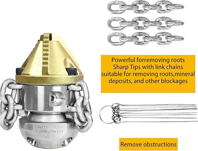 Anrain 3/8" NPT Sewer Jet Nozzle, 70L/min High-Pressure Drain Cleaner with Sharp Tip & Removable Chains, Compatible with 70L/min Pressure Washers for Pipe Blockages (Roots, Deposits)