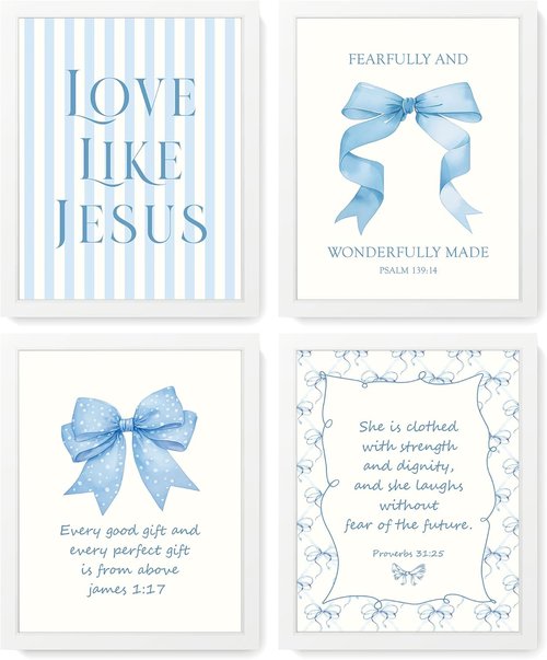 LARTSFRO Coquette Blue Bow Wall Art Decor - Inspirational Bible Verses | Set of 4 Framed 10x8 Inch Pictures for Teen Girls' Rooms