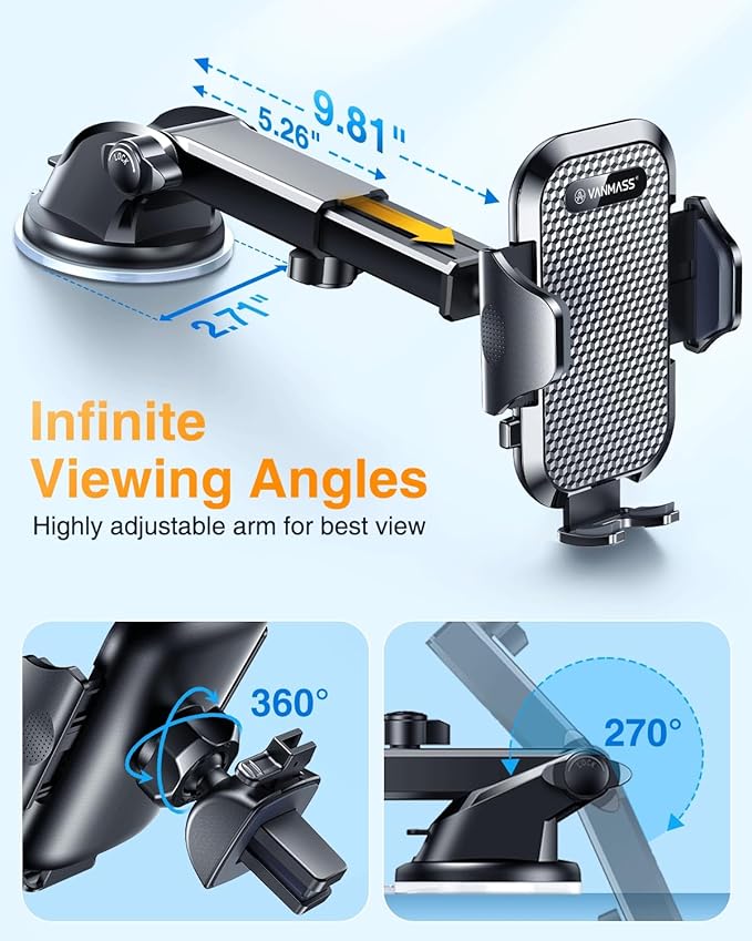 VANMASS【85+LBS Strongest Suction & Military-Grade Ultimate Car Phone Mount【Patent & Safety Certs】 Cell Phone Holder for Dash Windshield Vent for iPhone 17 Pro Max Automobile Accessory Kits,Matt Black