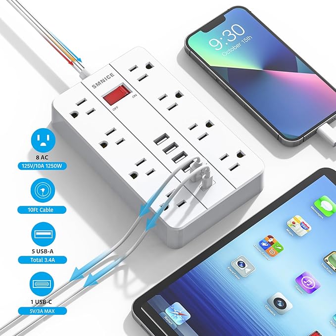 Power Strip Extension Cord, SMNICE Flat Plug Long Extension Cord 10 Ft with 8 Widely Spaced Outlets 6USB(1 USB C) Charging Station, Wall Mount for Dorm Home, Office Accessories,White